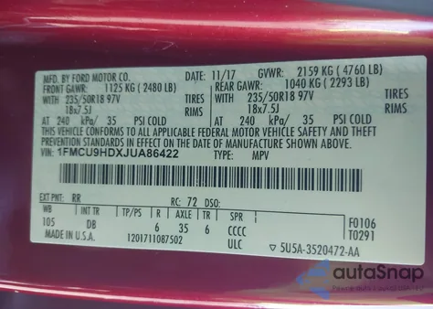 2018 Ford Escape Sel from USA, damaged, VIN 1FMCU9HDXJUA86422
